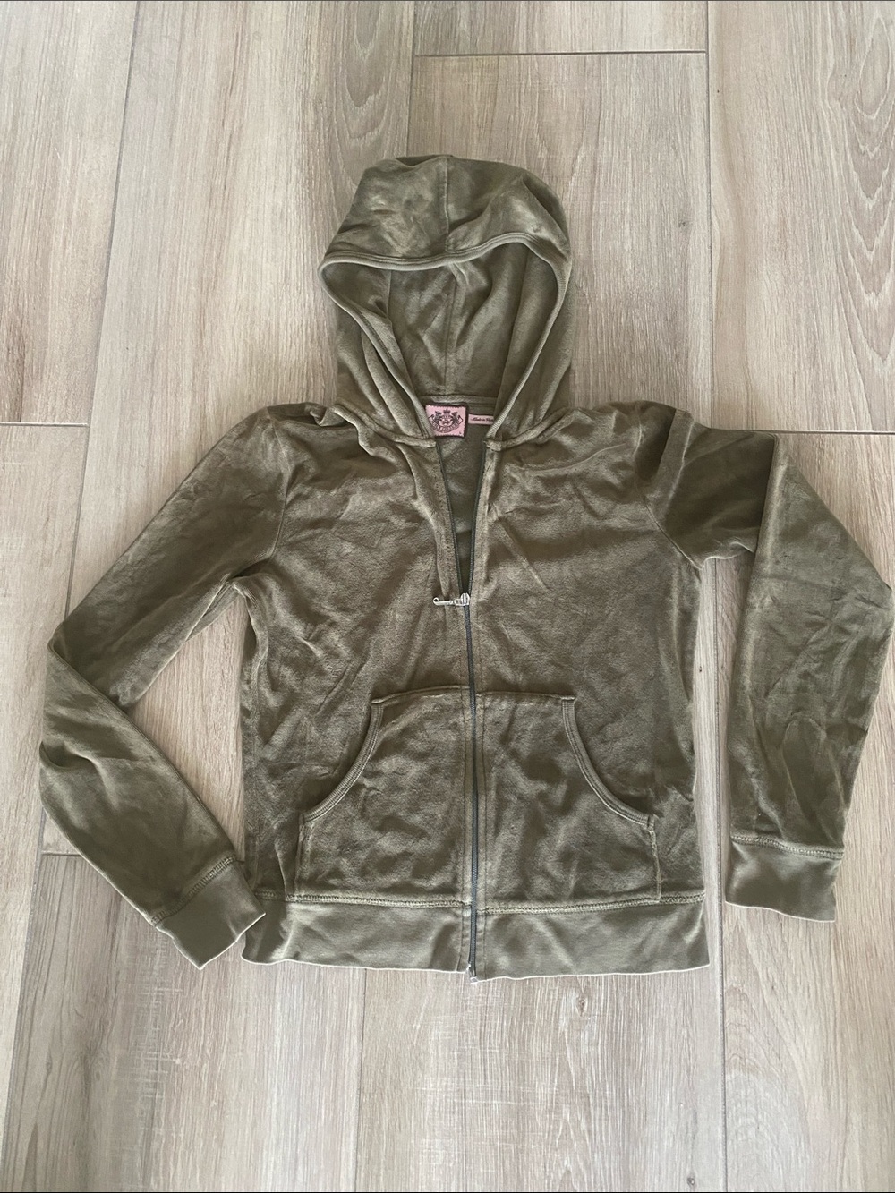 Juicy Couture Olive Green Velour Hoodie with Pink Label